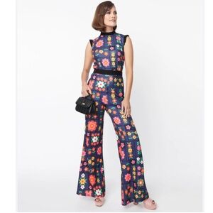 Unique Vintage Size L Navy Blue Floral Wallpaper Half Sleeve Wrap-Up Jumpsuit